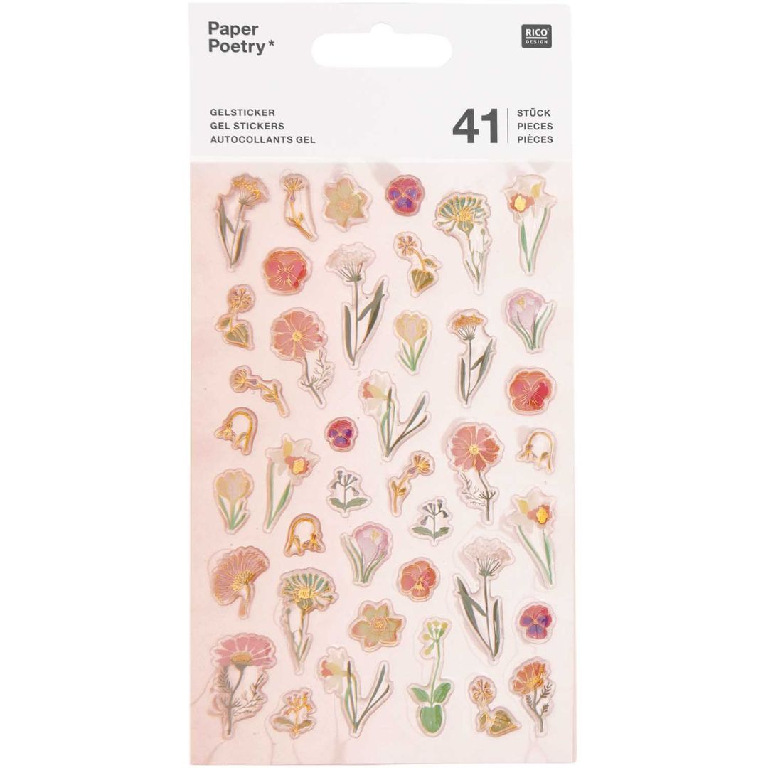 Verpakking van Rico Design gelstickers met 41 bloemen in diverse kleuren.