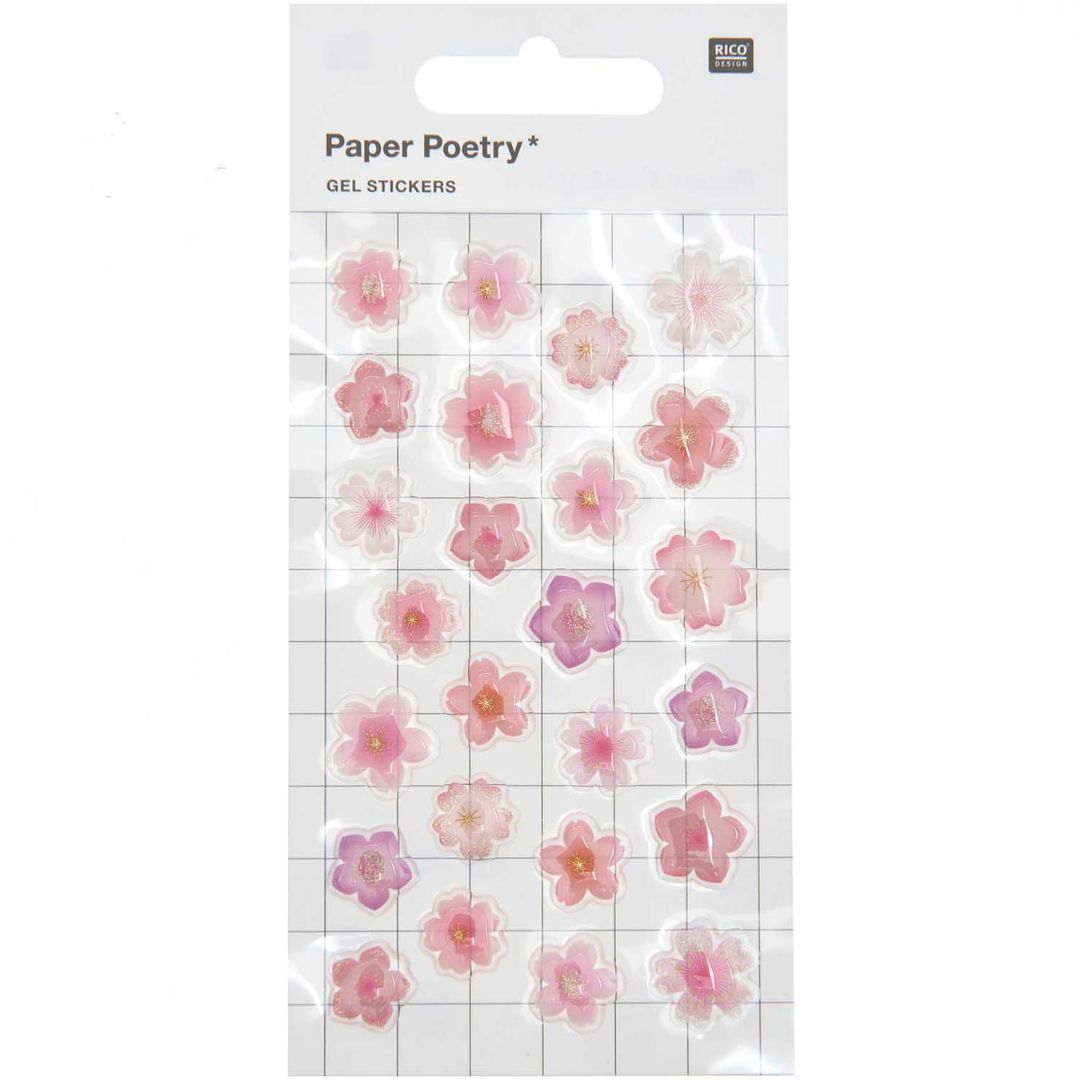 Verpakking van Rico Design gelstickers met roze kersenbloesems en glitter.