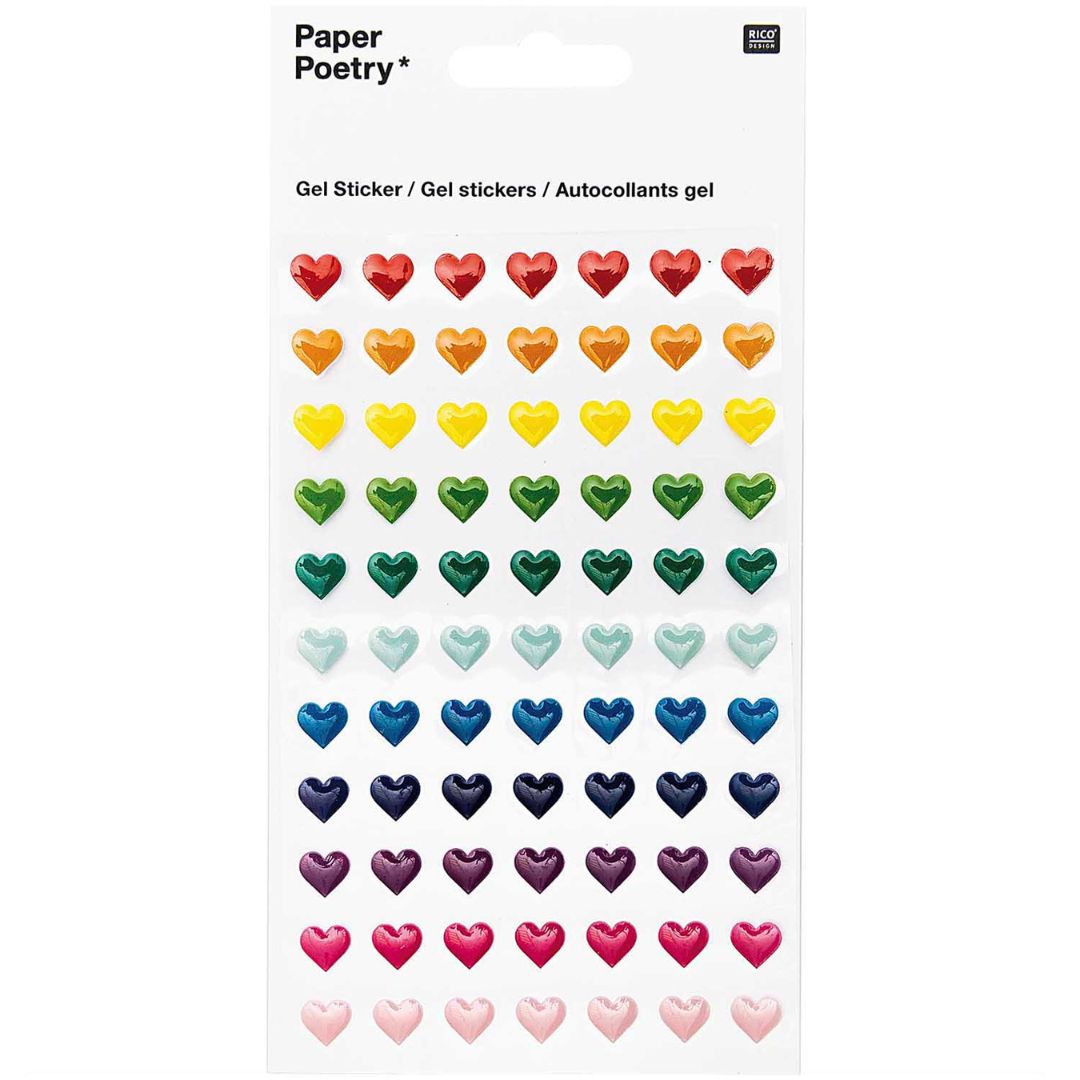 Verpakking van Rico Design gelstickers met kleine gekleurde hartjes in regenboogkleuren.