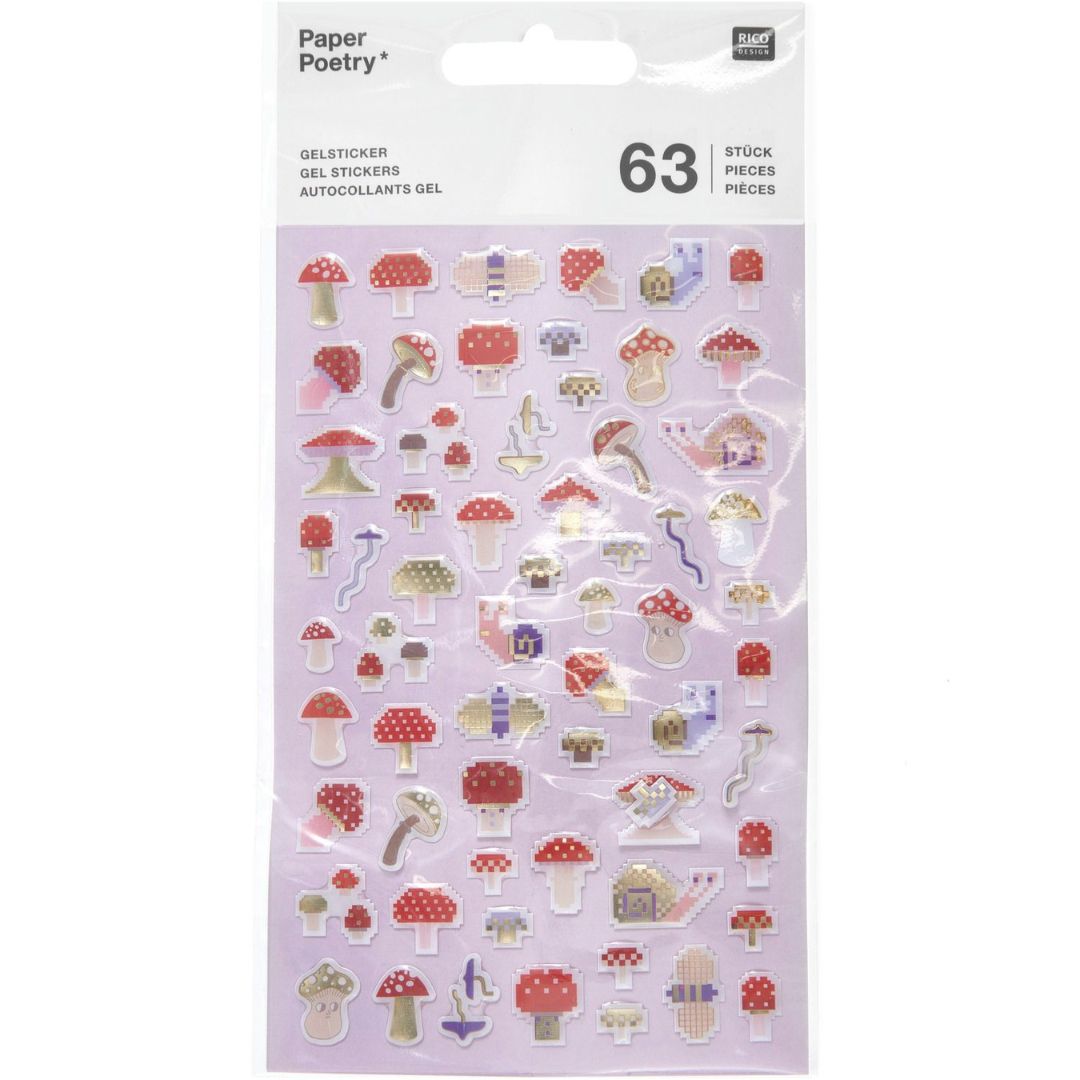 Rico Design verpakking met 63 gelstickers in de vorm van pixel paddenstoelen.