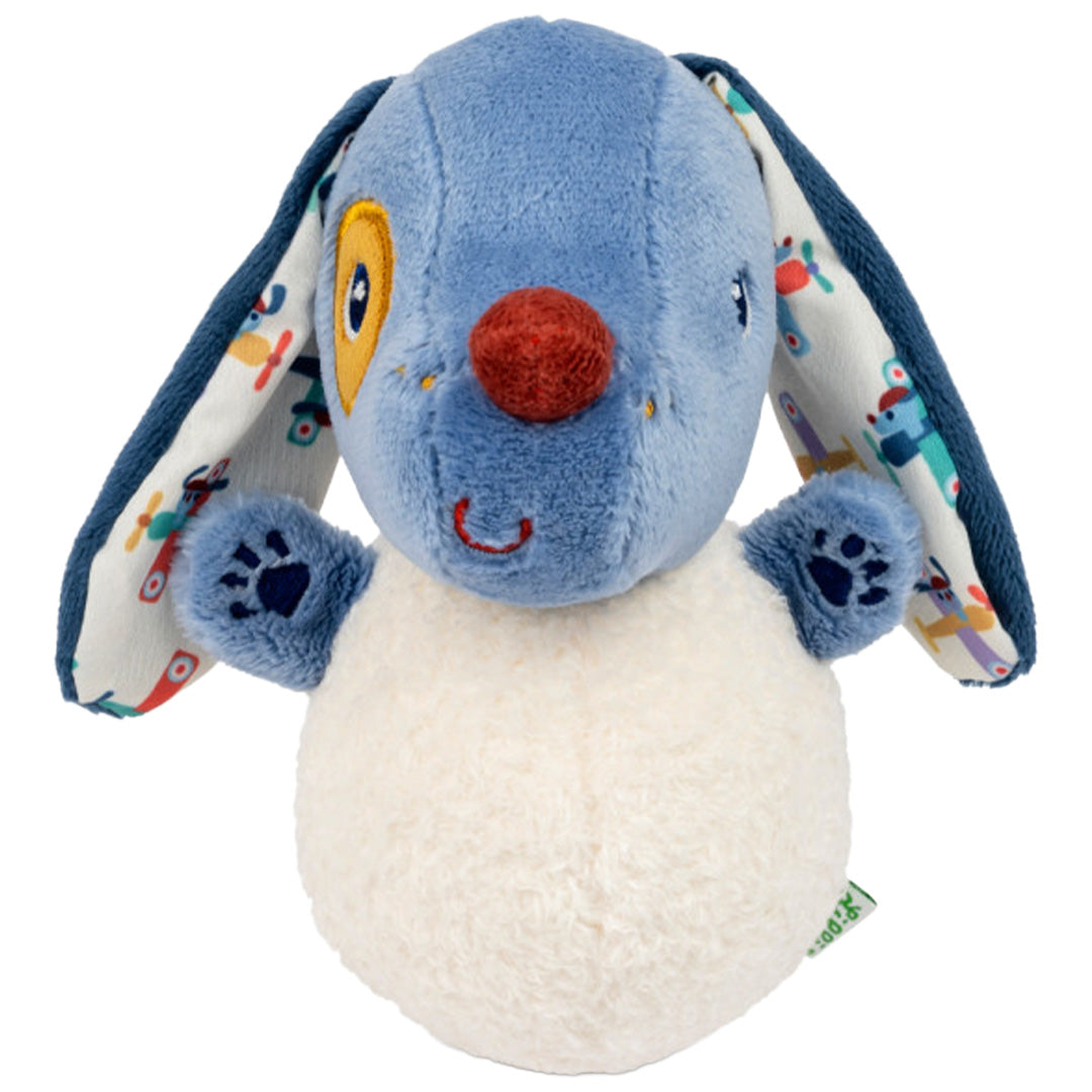 Lilliputiens muzieknuffel tuimelaar Jules de hond, een blauw-witte knuffel met patroonoren, staat recht van voren.
