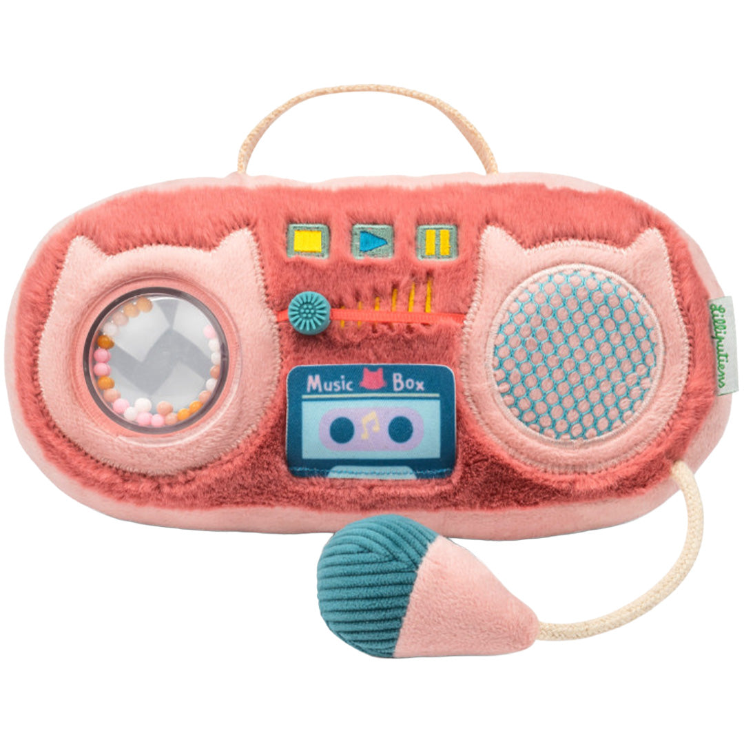 Lilliputiens roze pluche activiteitenradio in de vorm van een kat met microfoon.