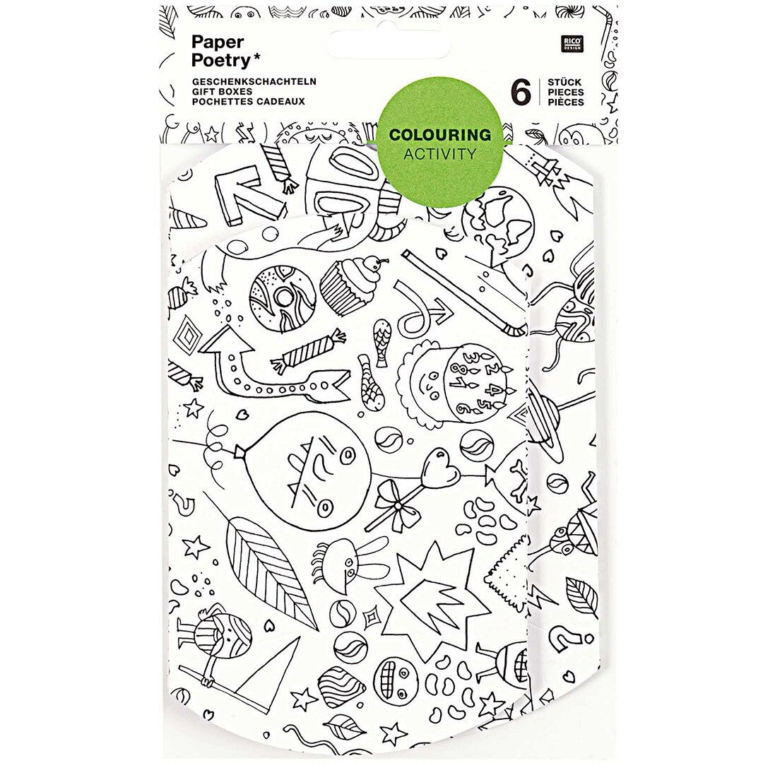 Rico Design verpakking met zes witte, platte geschenkdoosjes om in te kleuren, bedrukt met diverse figuren en objecten.