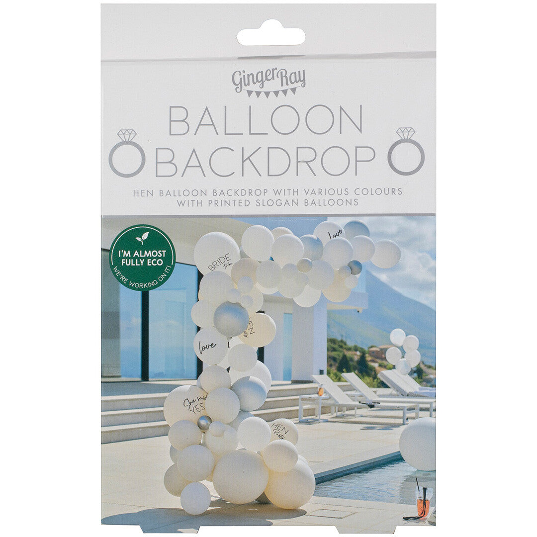 Verpakking van de Ginger Ray ballonnenboog voor een vrijgezellenfeest met een afbeelding van de ballonnenboog.