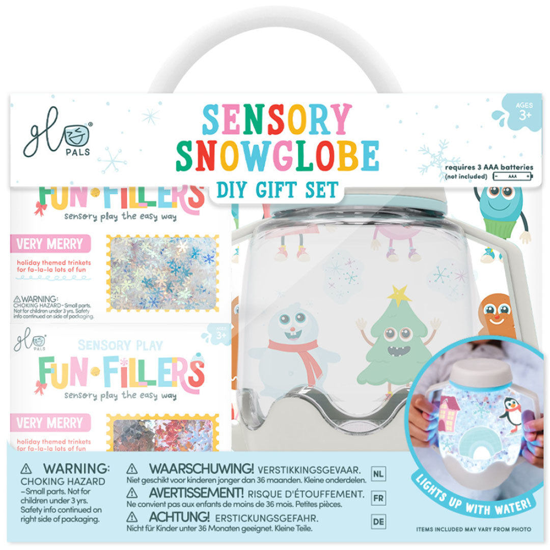 Verpakking van de glo pals Sensory Snowglobe DIY Gift Set met een sneeuwpop en kerstboom.