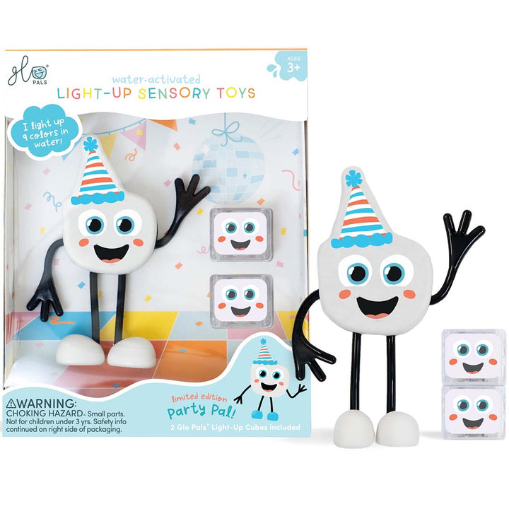 Glo Pals Party Pal lichtgevend badspeelgoed met twee lichtblokjes, naast de verpakking.