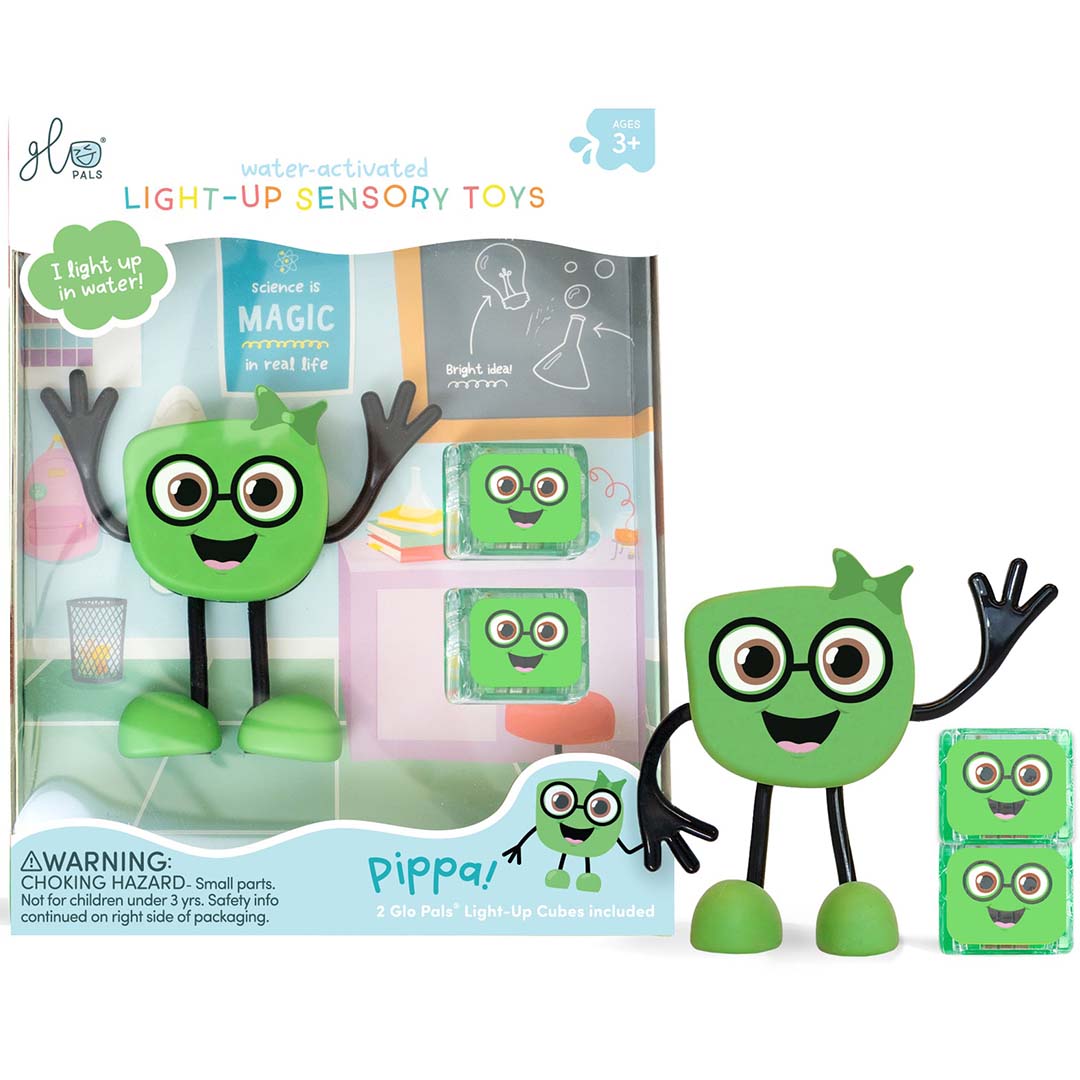 Glo Pals Pippa lichtgevend badspeelgoed in de verpakking, met de groene Pippa-figuur en twee lichtgevende blokjes.