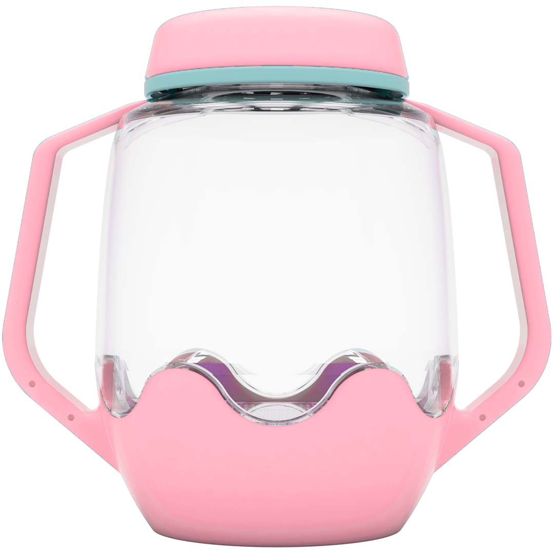 Glo Pals sensorische speelbeker in roze en transparant plastic met handvatten.