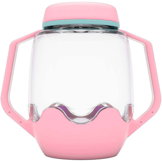 Glo Pals sensorische speelbeker in roze en transparant plastic met handvatten.