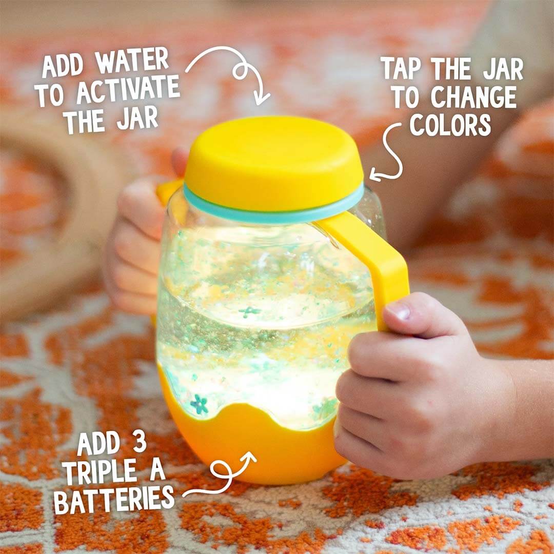 Infographic van de glo pals sensorische speelbeker met instructies voor gebruik en batterijen.