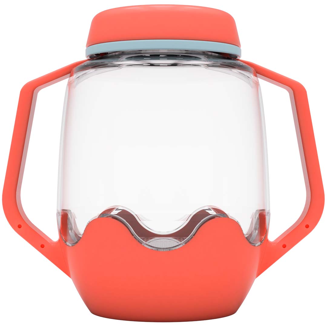 Glo Pals oranje sensorische speelbeker met handvatten en een transparant middenstuk.