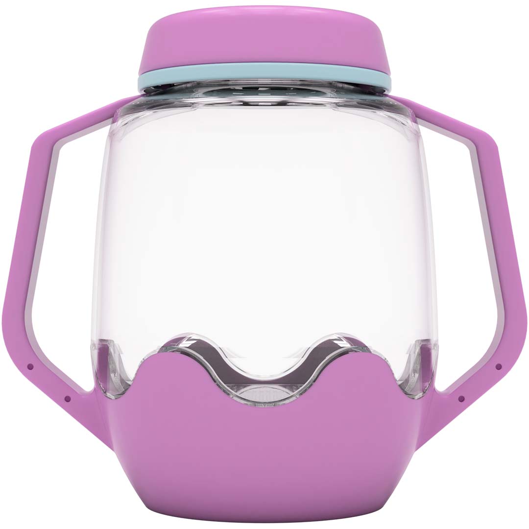 Glo Pals sensorische speelbeker in roze met handvatten en een roze deksel.