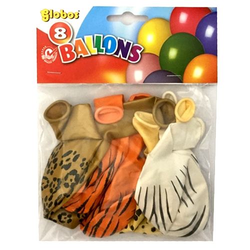 Verpakking van Globos ballonnen met dierenprint, waaronder luipaard, tijger en zebra.