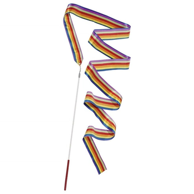 goki gymnastieklint met regenboogkleurig lint en witte stok.