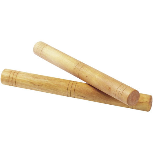 Twee goki houten percussiestokken van beige hout liggen schuin over elkaar.