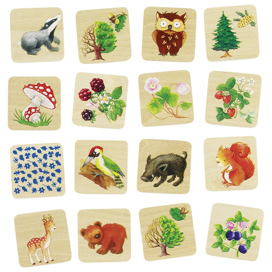 Collectie goki houten memory speelkaarten met diverse illustraties van bosdieren en planten.