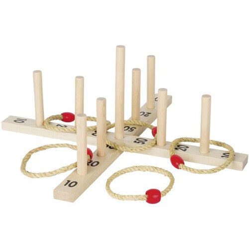 Goki ringwerpen spel met houten kruisvormige standaard, houten pinnen met punten en touwringen met rode kralen.