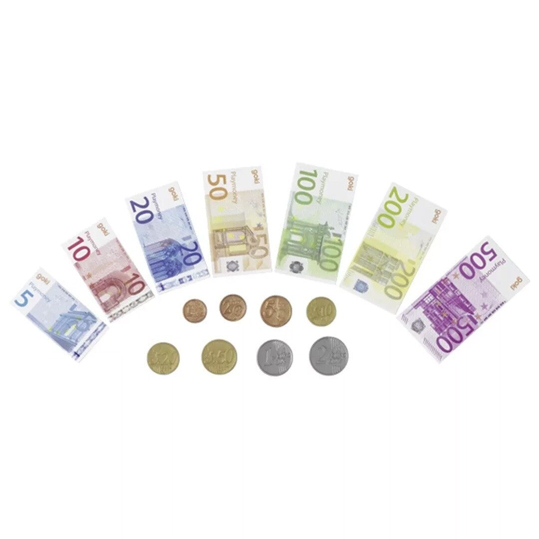 Een set goki speelgeld met diverse bankbiljetten en munten.