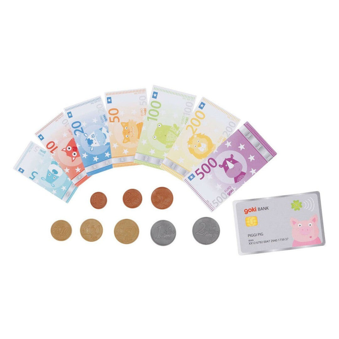 Goki speelgeld met diverse bankbiljetten met dierenfiguren, munten en een creditcard.