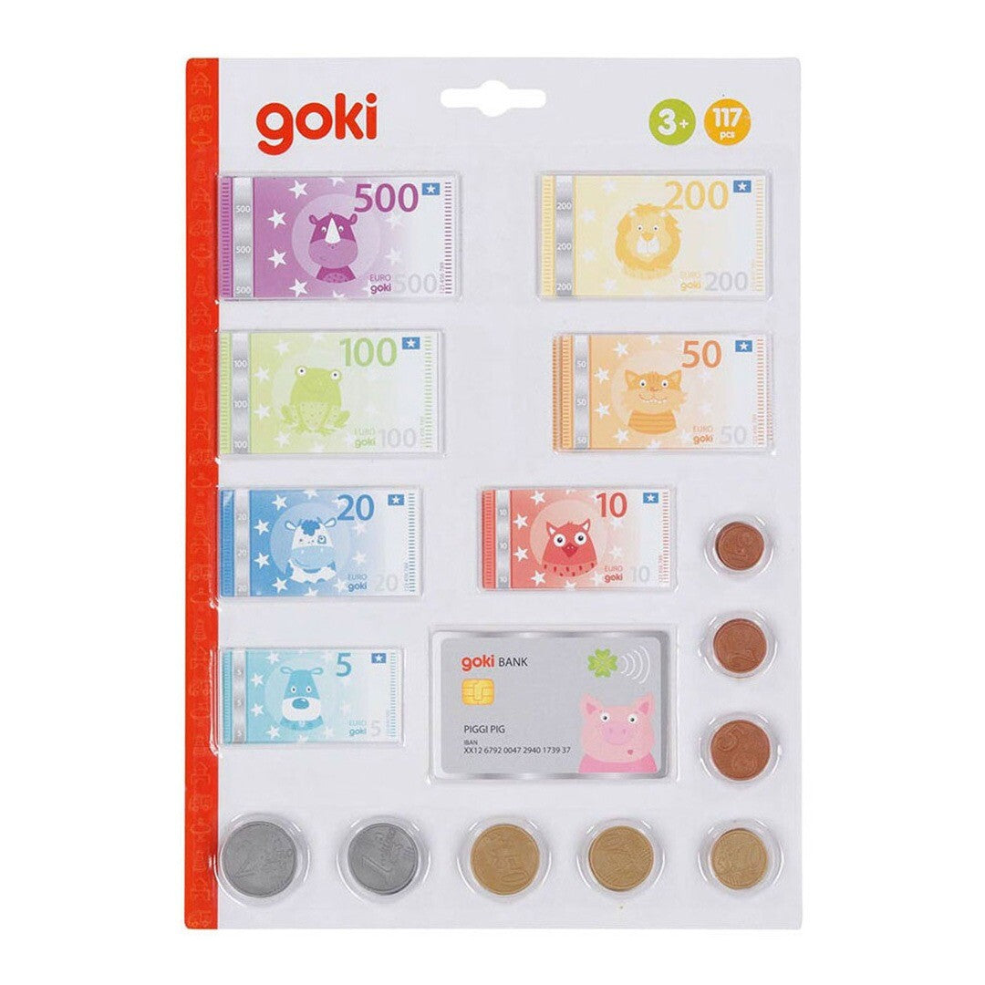 Verpakking van het Goki speelgeld met bankbiljetten, munten en een creditcard.