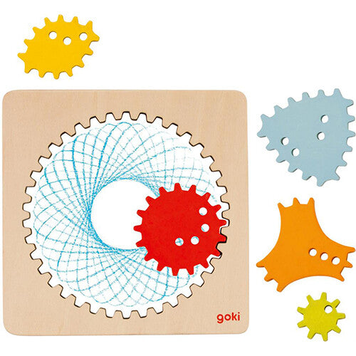 Goki houten spirograaf met een getekend spiraalpatroon en losse gekleurde tandwielen.