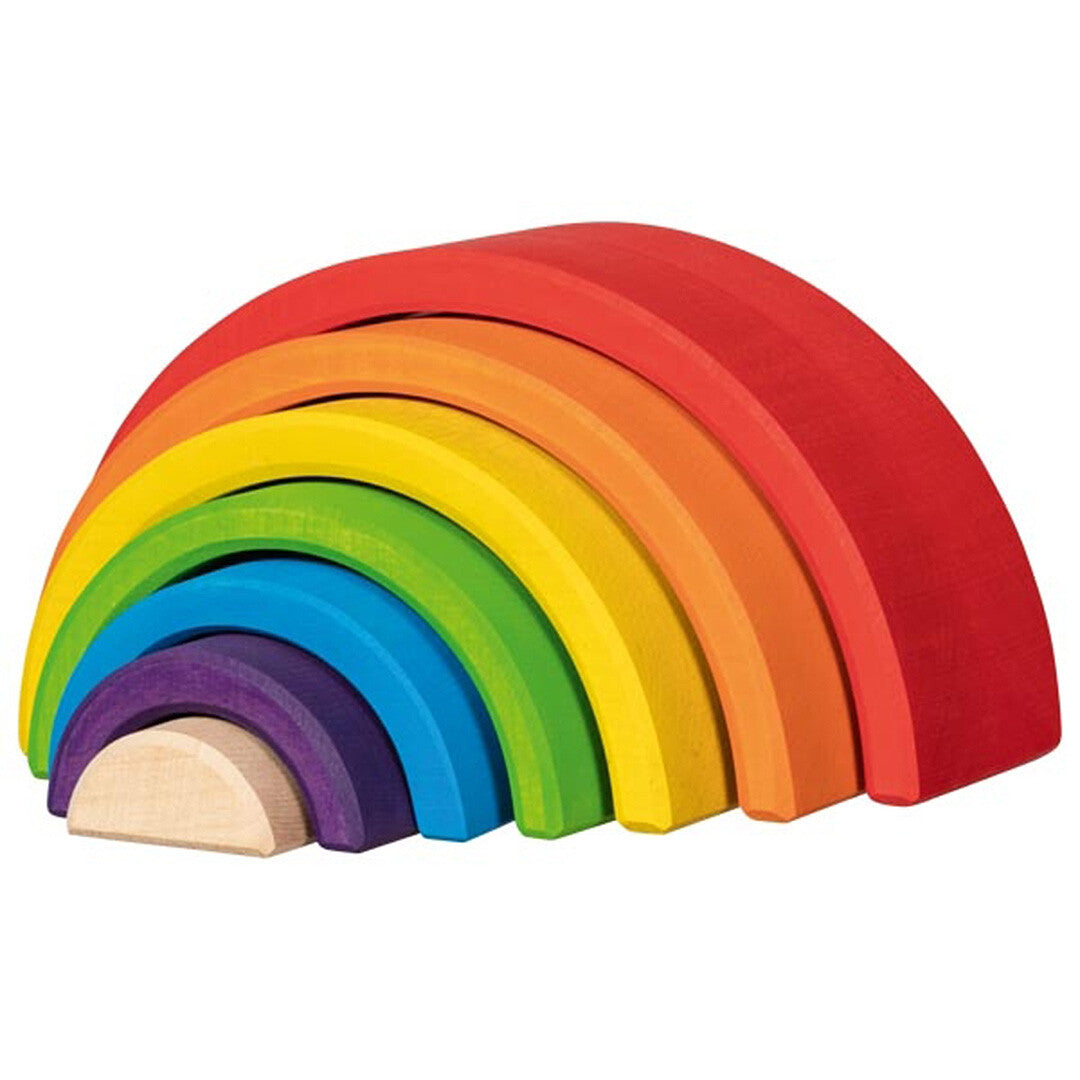 Goki houten regenboog stapeltoren met 7 gekleurde bogen, in elkaar geschoven.