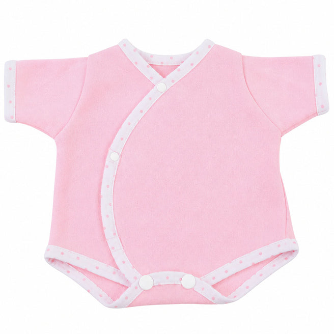 Götz roze poppenromper met korte mouwen en witte randen met roze stippen.