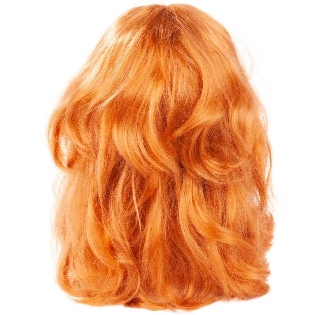Detail van de lange, golvende rossige haren van de styling make-up pop.