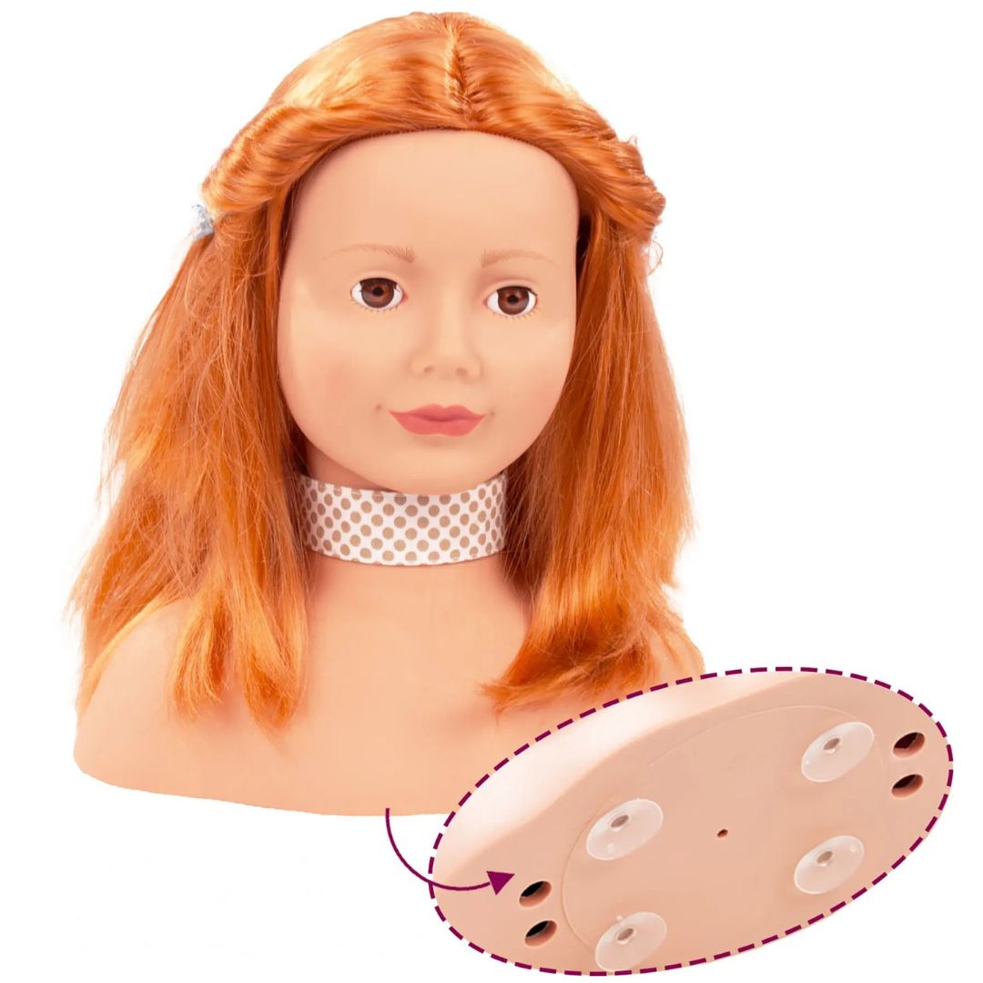 Vooraanzicht van de styling make-up pop met rossig haar en een detail van de zuignappen aan de onderkant.