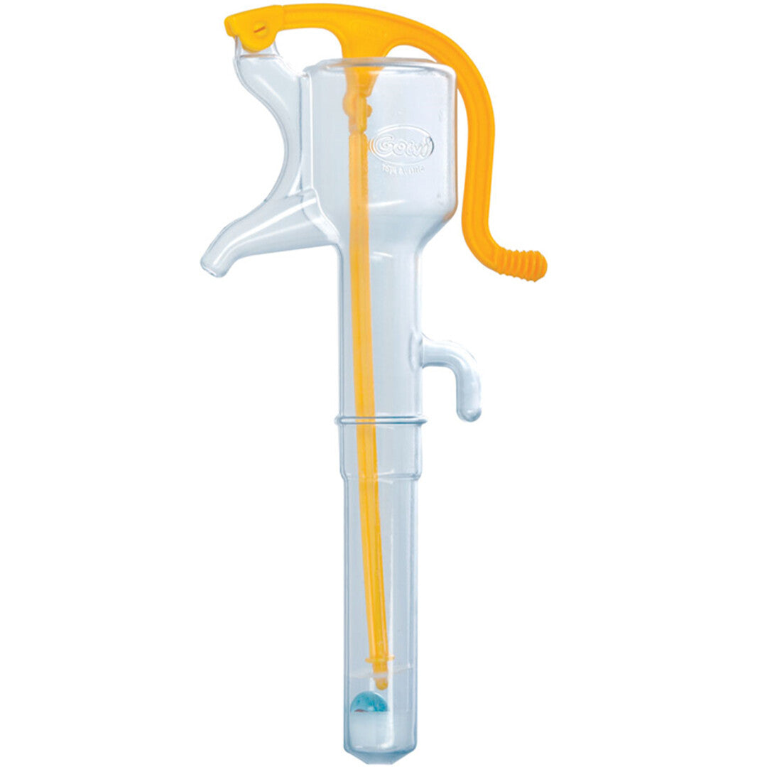 Bigjigs Gowi waterpomp van transparant plastic met gele hendel.
