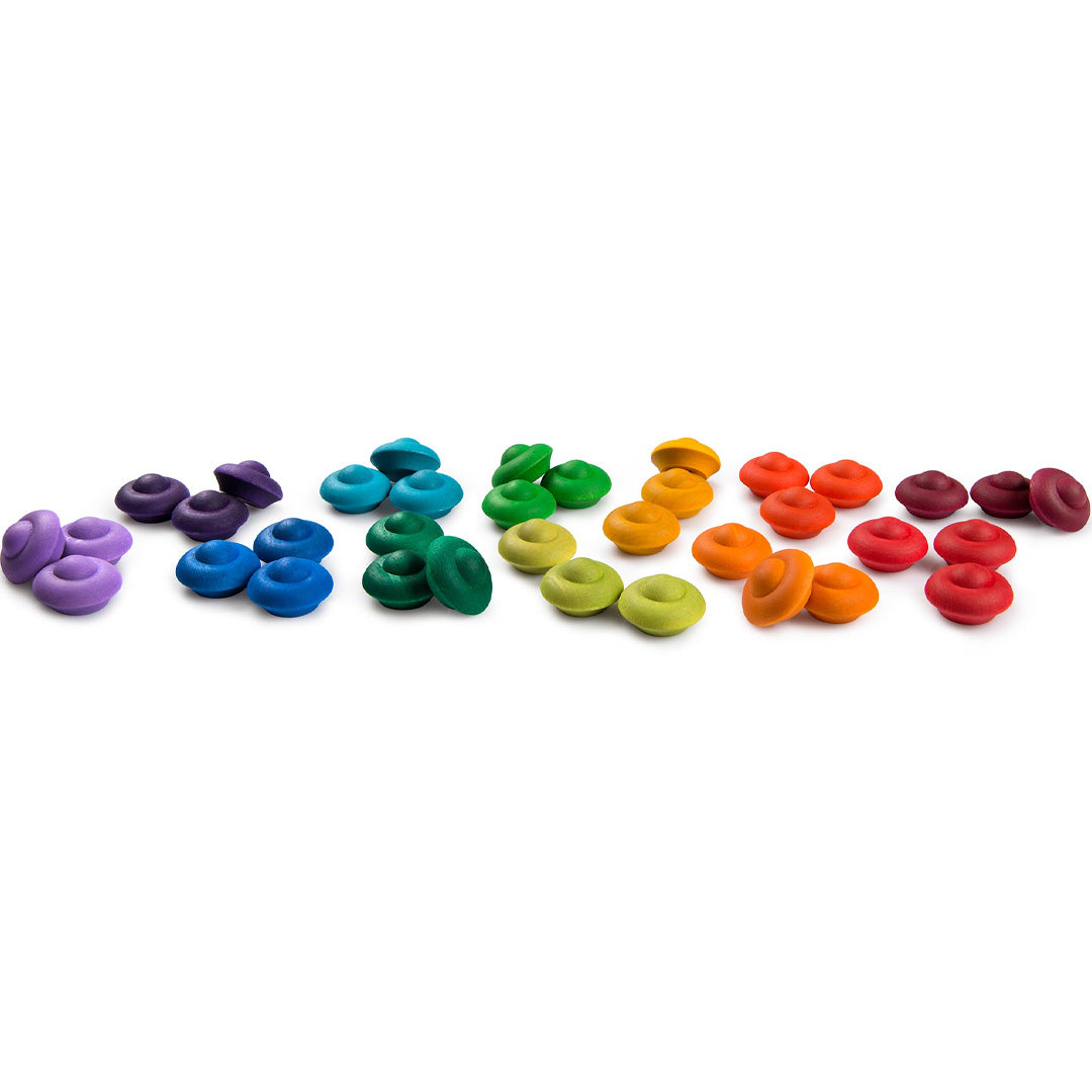 Grapat houten bloemen in regenboogkleuren, gesorteerd op kleur op een witte achtergrond.