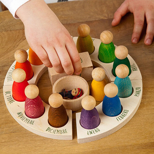 Een hand beweegt een klein figuurtje in de Grapat houten eeuwige kalender met maanden in het Spaans.