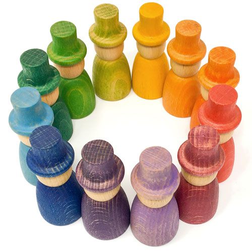 Grapat houten nins poppetjes met hoed in verschillende kleuren, in een cirkel op een witte achtergrond.