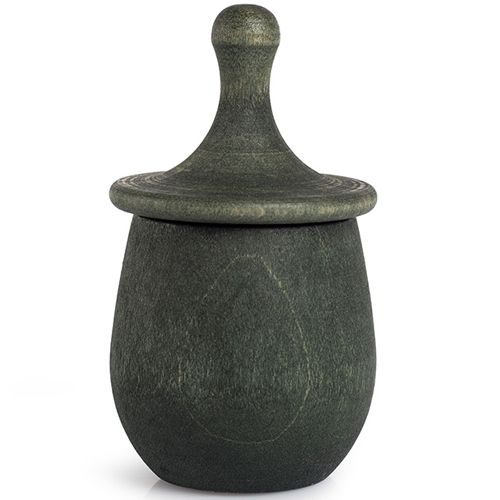Een groen Grapat houten poppetje in bakje met een groen houten hoofd, van voren gezien.