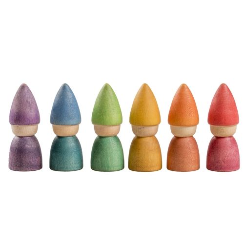 Zes grapat houten kabouter speelgoedfiguurtjes in regenboogkleuren staan op een rij op een witte achtergrond.