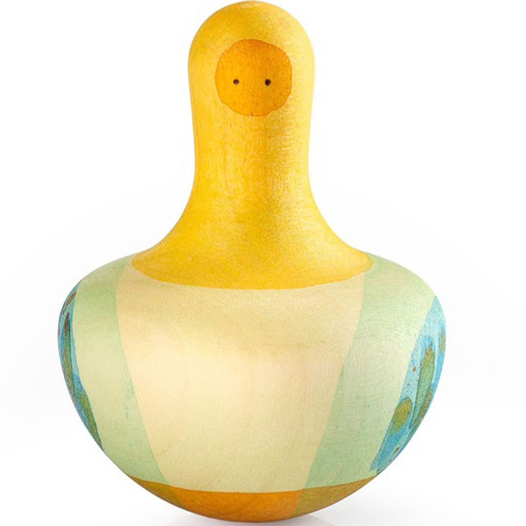 Grapat houten tuimelaar en tol in de vorm van een gele vogel.