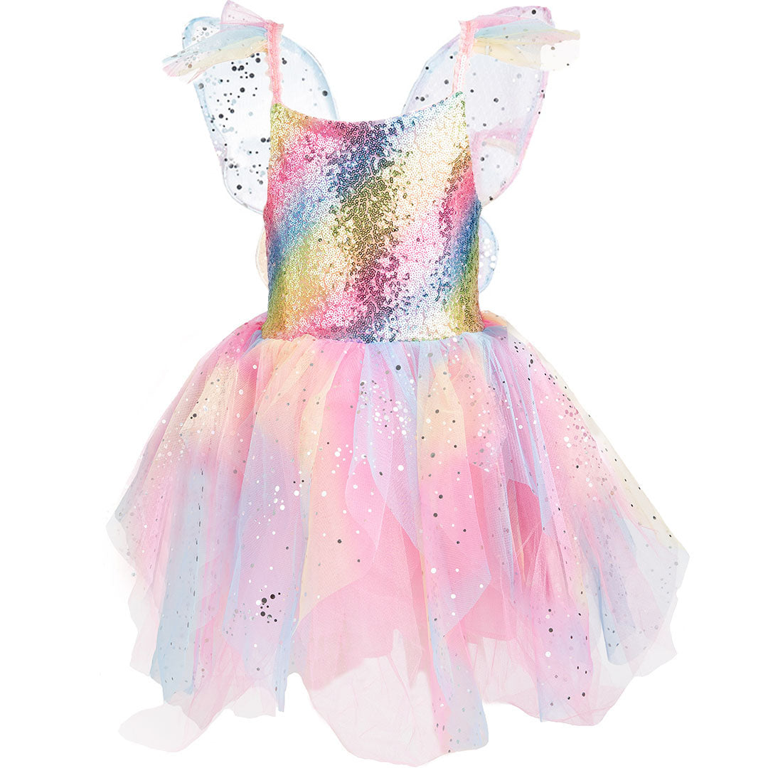 Great Pretenders elfenjurk met regenboog pailletten en tule rok met glitter, inclusief vleugels.
