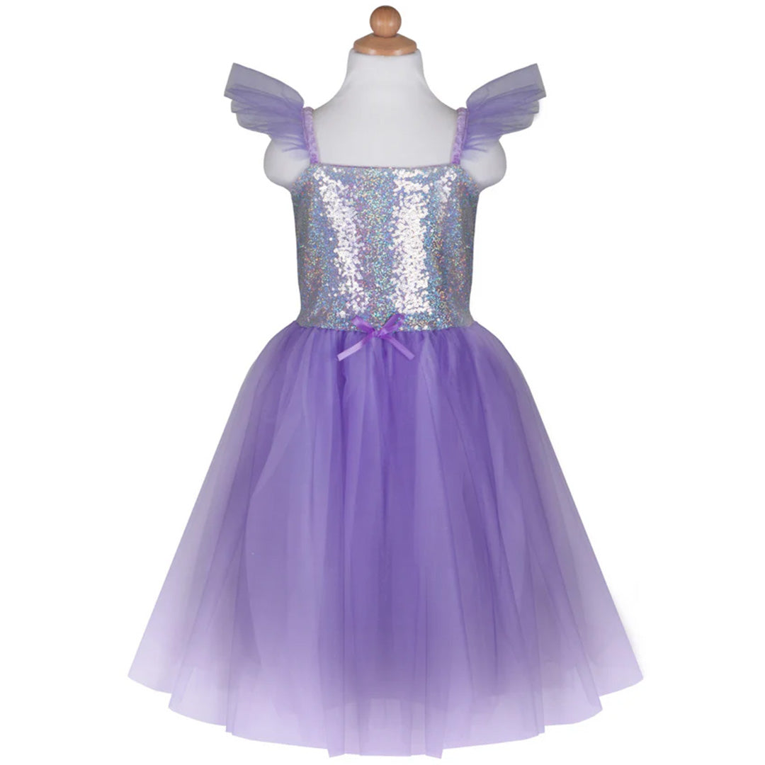 Great Pretenders prinsessen feestjurk met paarse pailletten en tule rok op paspop.