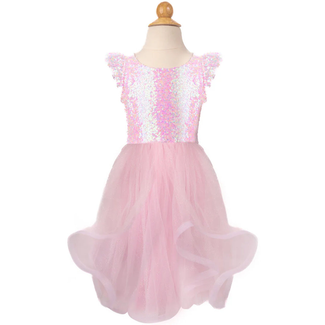 Great Pretenders roze kinderfeestjurk met pailletten en tule rok op een paspop.