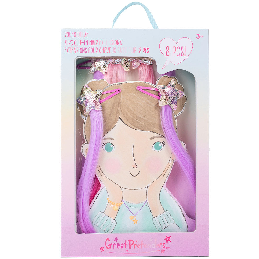 Verpakking van Great Pretenders haarextensies voor kinderen, met een afbeelding van een meisje met de sterrenclips en extensions.