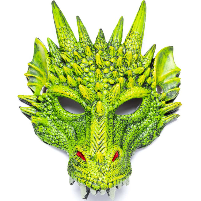 Great Pretenders groen drakenmasker voor kinderen, geïsoleerd op een witte achtergrond.