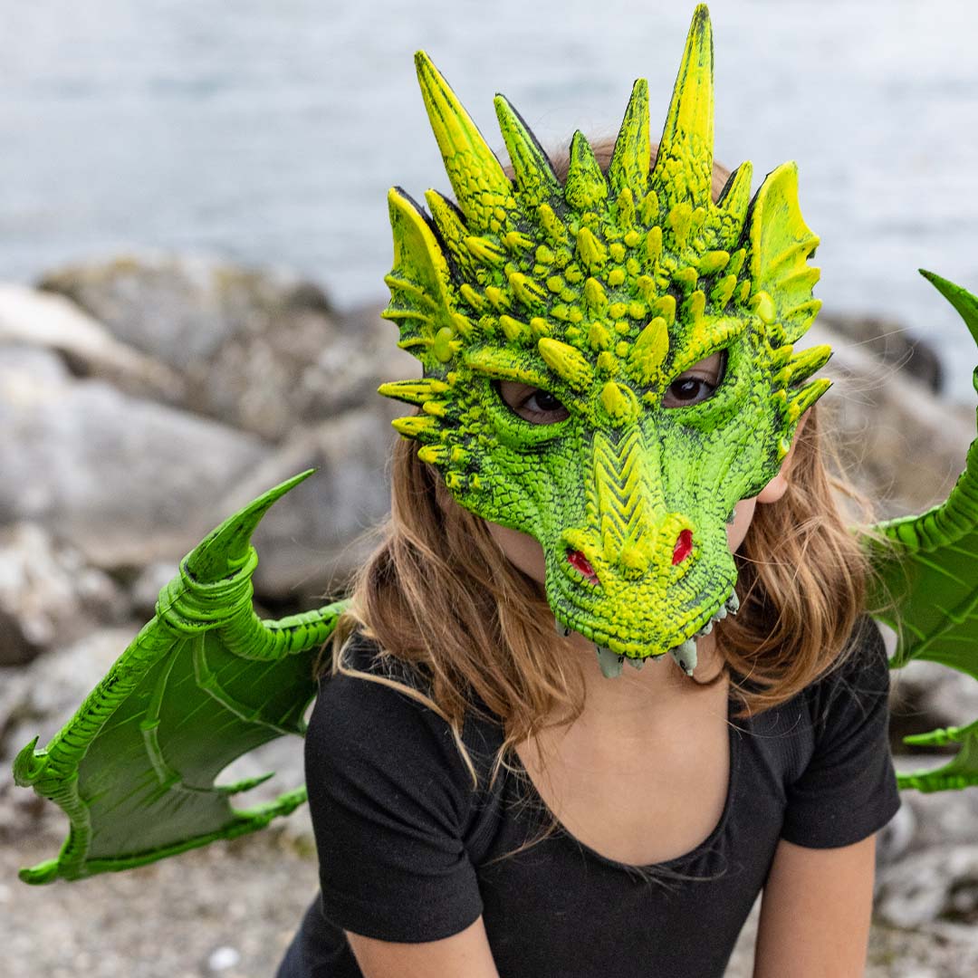 Kind draagt een groen drakenmasker en bijpassende vleugels, zittend bij rotsen en water.
