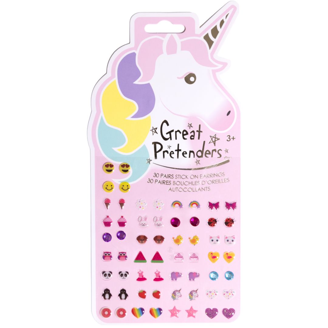 Verpakking van Great Pretenders plakoorbellen voor kinderen met een eenhoorn en diverse figuren.