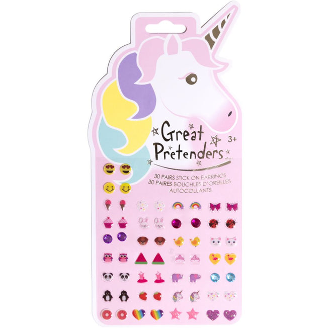Verpakking van Great Pretenders plakoorbellen voor kinderen met een eenhoorn en diverse figuren.