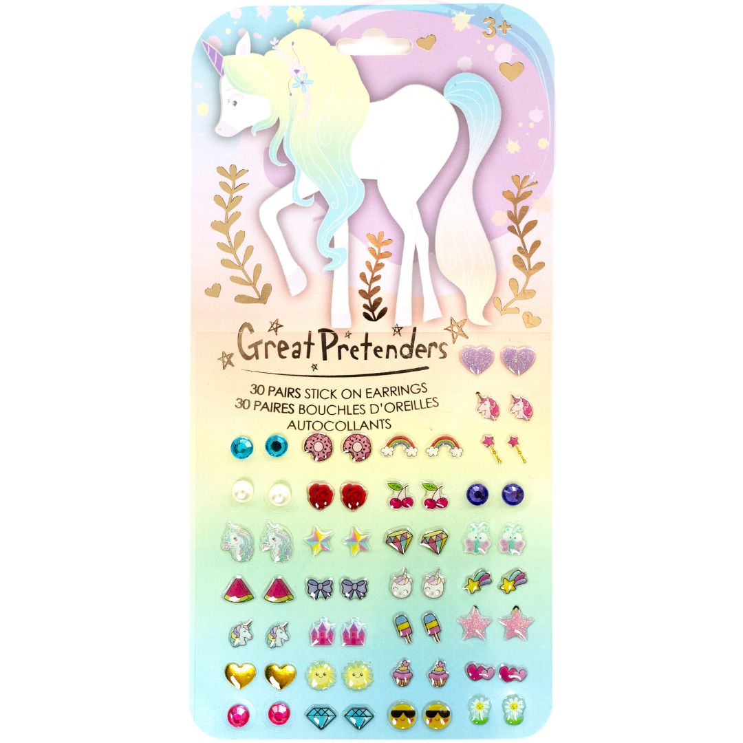 Verpakking van Great Pretenders plakoorbellen voor kinderen met een eenhoorn en diverse vormen.