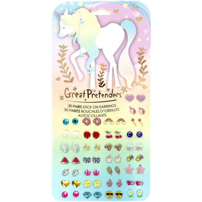 Verpakking van Great Pretenders plakoorbellen voor kinderen met een eenhoorn en diverse vormen.