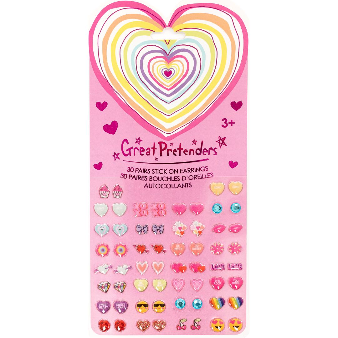 Verpakking van Great Pretenders plakoorbellen met diverse hartjes en andere ontwerpen.