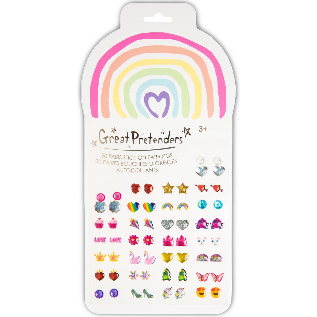 Verpakking van Great Pretenders plakoorbellen met regenboog en diverse kleurrijke ontwerpen.