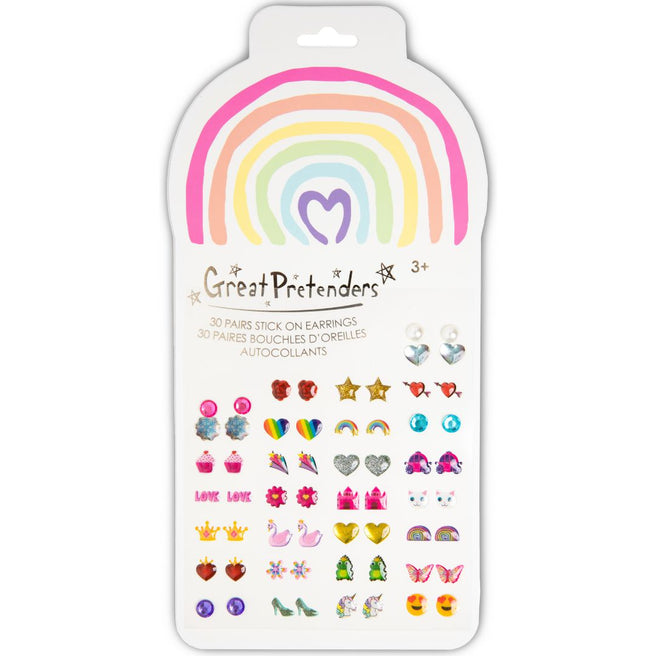 Verpakking van Great Pretenders plakoorbellen met regenboog en diverse kleurrijke ontwerpen.