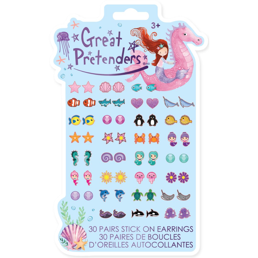 Verpakking van Great Pretenders plakoorbellen voor kinderen met diverse zeemeermin- en dierenfiguren.